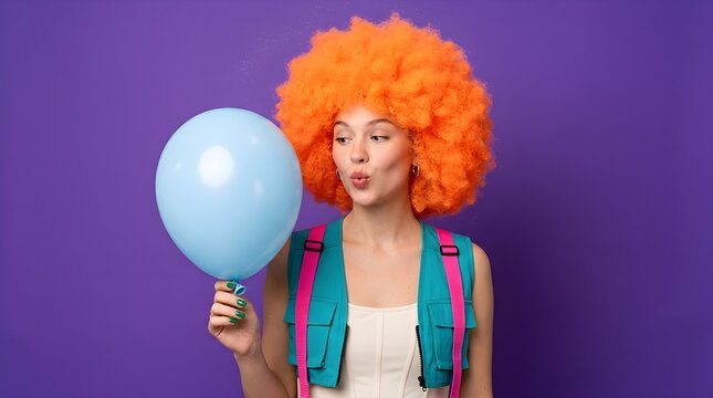 Woman wearing vibrant curly orange wig holds light blue balloon while posing against solid purple background in bright studio lighting