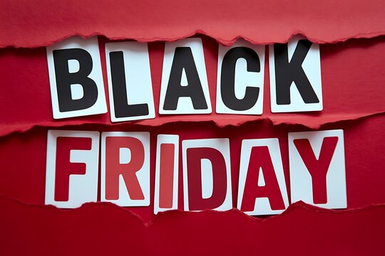 Black friday sale announcement with torn paper letters on a vibrant red background