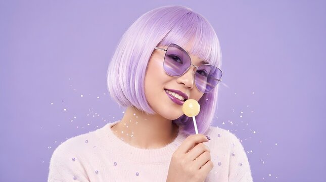 Stylish young woman with vibrant purple bob haircut and modern glasses poses while holding a sweet lollipop against purple background