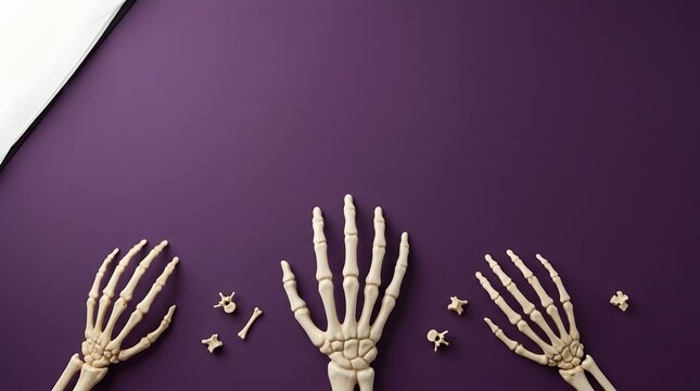 Three skeleton hands and scattered vertebrae on a deep purple background