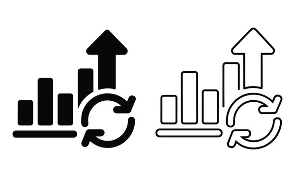 Set of bar chart icons with upward arrows and circular refresh symbols representing business growth and data updates