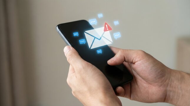 Phishing alert warning on mobile phone screen shows scam message for online banking fraud protection and security notification