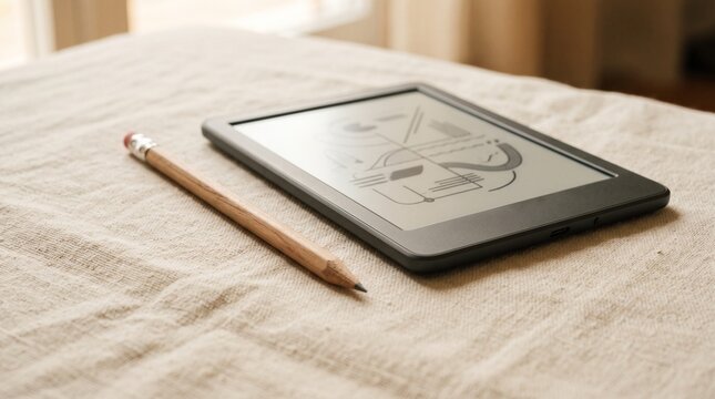 A digital tablet displaying abstract sketches next to a wooden pencil on a textured cream linen surface in soft natural light