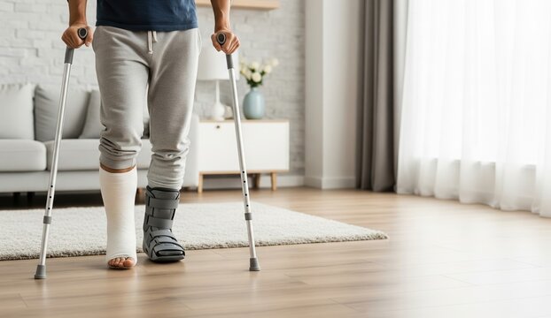 Man with broken leg in plaster cast walking with crutches at home. Orthopedic boot on injured foot. Injury recovery and rehabilitation concept. Healthcare and medical treatment.
