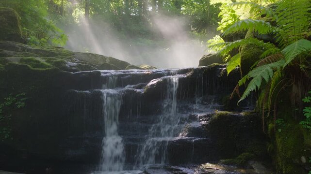 Waterfall Flowing Over Mossy Rocks with Sunbeams in Forest