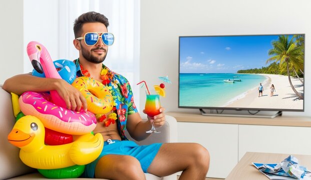 Man with inflatable pool floats and cocktail dreaming of summer vacation at home. Staycation concept with tropical beach on television. Travel planning and holiday longing.
