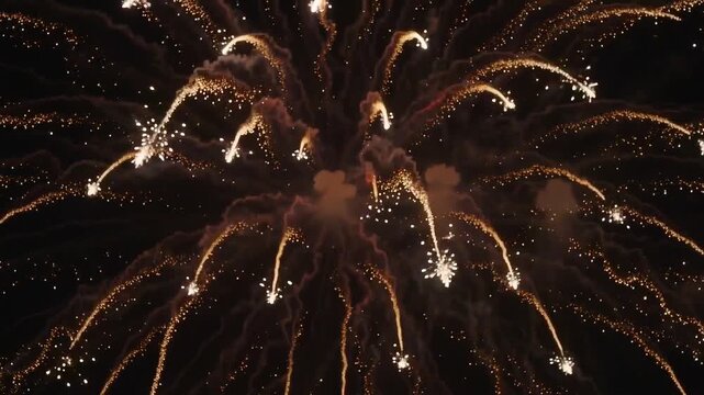 Golden firework burst expanding light trails in dark night sky