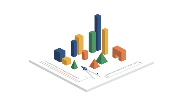 Isometric business presentation displaying growth charts and mathematical tools on a white background for corporate strategy planning.