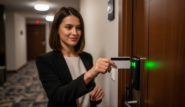 Woman opening hotel room door with electronic key card. Smart lock with green light access granted. Modern hospitality technology and secure keyless entry concept.