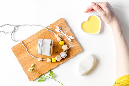 natural organic cosmetics for baby on white background top view