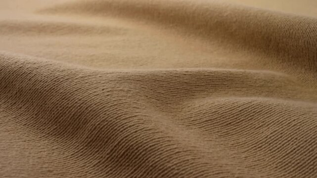 Beige ribbed knit fabric gently settling into shallow folds under soft diffuse light, with fabric, textile, knit, beige detail, showing tan, ribbed, texture, closeup context