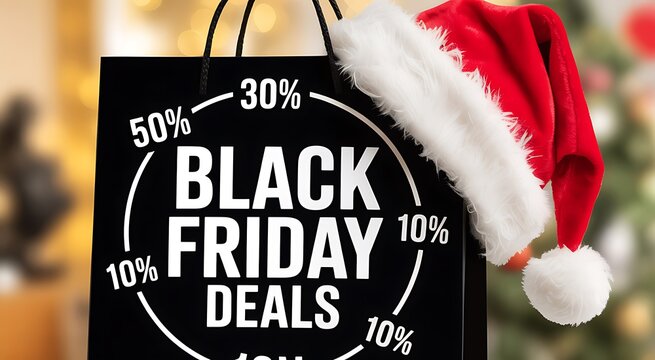 Black friday sales event with santa hat and discount percentages for holiday shopping