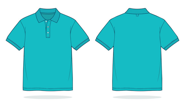 Turquoise Blue Short Sleeve Polo Shirt Template Front and Back View Technical Illustration for Apparel Design Mockups