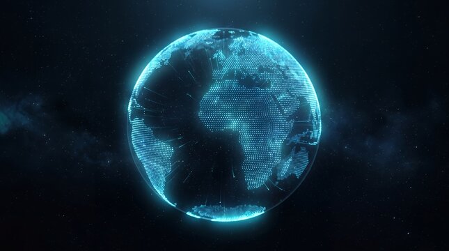 Glowing digital Earth planet with global network data lines floating in deep space futuristic blue technology visualization