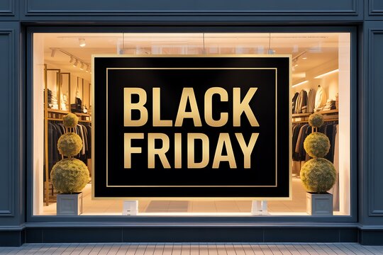 Black friday sale announcement displayed in a store window during the evening