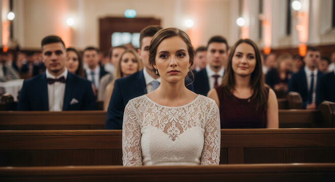 A beautiful young woman wearing a delicate white lace wedding dress sits gracefully in a wooden church pew among a congregation of guests during a formal wedding ceremony in a bright, elegant hall.