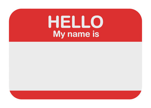 Name badge, hello my name is tag featuring paper identification card, conference registration template, event attendee label, business networking, and professional vector design.