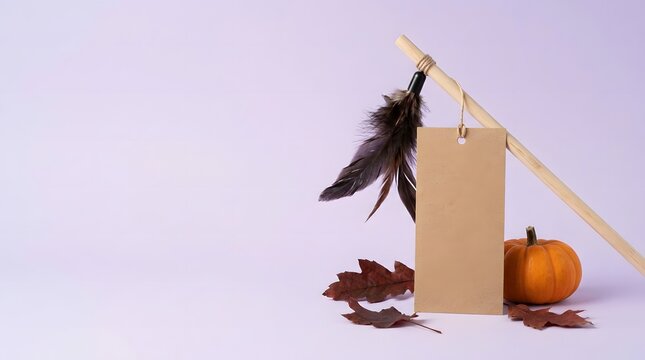Halloween greeting card mockup with a pumpkin autumn leaves feathers on a light purple background blank tag fall season paper template scary holiday october theme seasonal decor mock