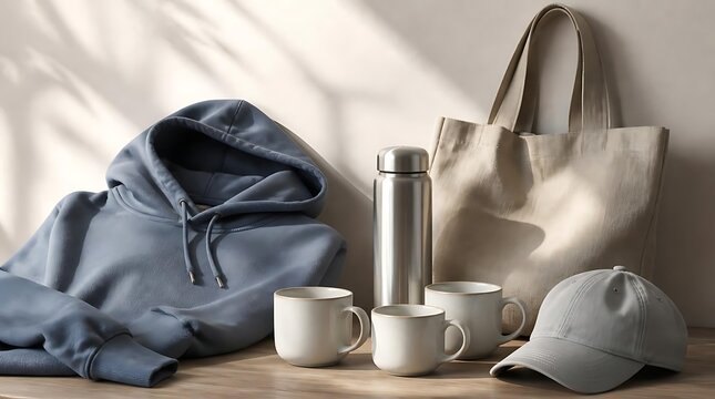 Collection of promotional merchandise items including a hoodie tote bag mugs and cap.
