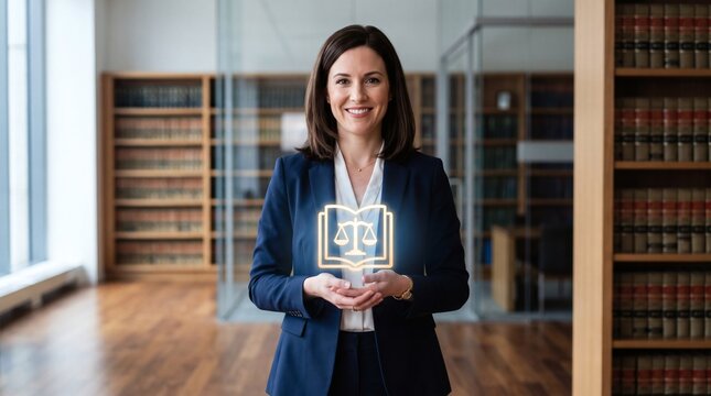 Professional woman in a law office holding a glowing legal book icon representing justice and knowledge
