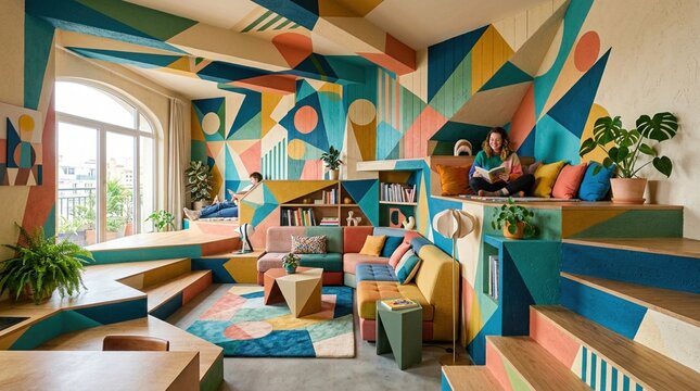 Colorful modern interior with geometric furniture bookshelves decorative objects and bright artistic design creating a stylish contemporary home and creative living space