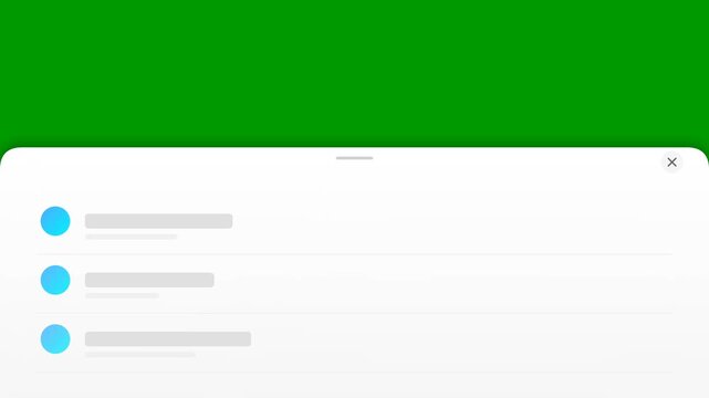 Mobile App User Interface Bottom Sheet Menu Animation with Green Screen Background and List Items