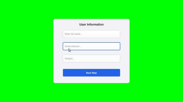 User Information Registration Form Interface Animation with Mouse Cursor Clicking on Green Screen