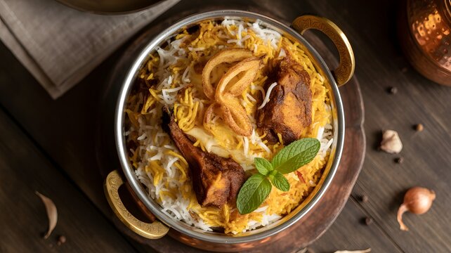 Delicious chicken biryani served in a traditional metal bowl garnished with fresh mint leaves and crispy fried brown onion slices