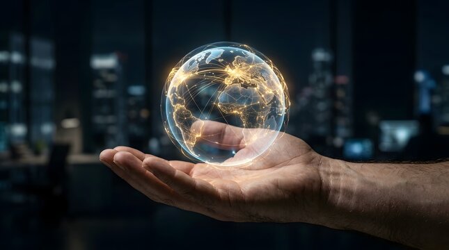 A hand holding a glowing digital globe with network lines in a dark office, symbolizing global communication and futuristic business technology.
