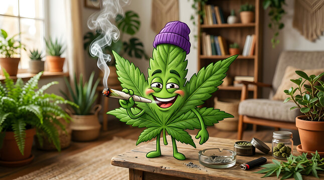Cartoon Cannabis Leaf Character Blowing Smoke in Cozy Room