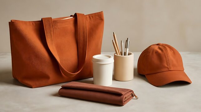 Collection of everyday accessories including a tote bag wallet cap and art supplies.