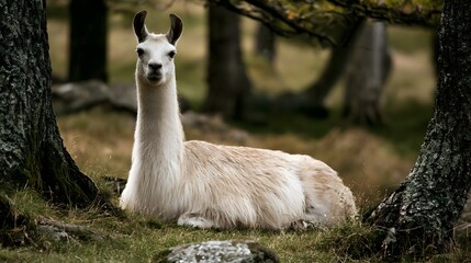 Fototapeta premium A white llama rests calmly among mossy tree trunks in a forested area with soft natural lighting