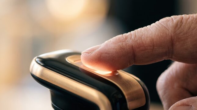 Close-up of a finger pressing a glowing biometric fingerprint scanner. Secure access control and modern technology concept