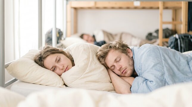 Young couple in a hostel dormitory room. Man sleeping while woman lies awake in bed. Budget travel and backpacker accommodation concept