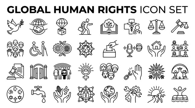 Global human rights icon set. Vector collection of social justice and equality symbols.