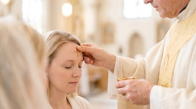 Priest marking a cross on a woman's forehead during a church service. Ash Wednesday ritual or anointing sacrament in a cathedral