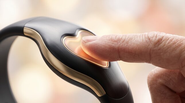 Close-up of a senior finger pressing a glowing heart-shaped button on a smart wristband. Medical alert and health monitoring technology for elderly