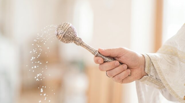 Priest holding a silver aspergillum and sprinkling holy water. Close up of hand shaking liturgical sprinkler during a blessing ritual. Christian sacrament concept