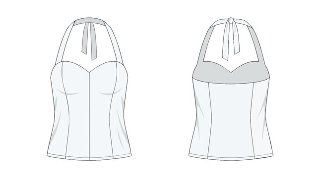 Women's Halter Neck Corset Top Fashion Technical Drawing Flat Sketch Front and Back View for Apparel Design Template