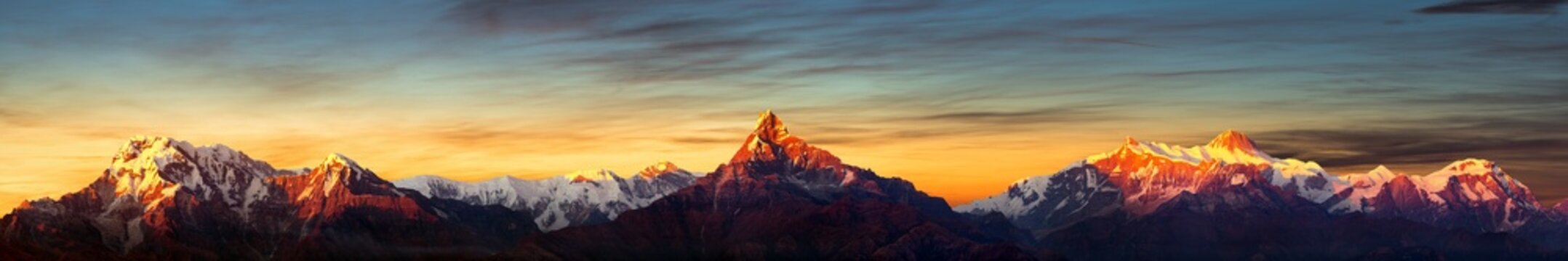 mount Annapurna peak and mount Machapuchare sunset view