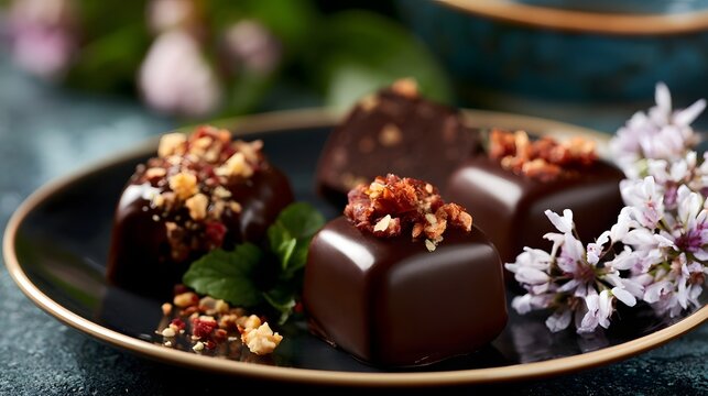 Rich dark chocolate truffles topped with crushed nuts and garnished with fresh mint and delicate flowers on a dark plate