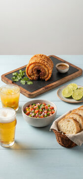 Torresmo de rolo crocante com vinagrete, p&atilde;o artesanal, caipirinha e cerveja em mesa r&uacute;stica para happy hour