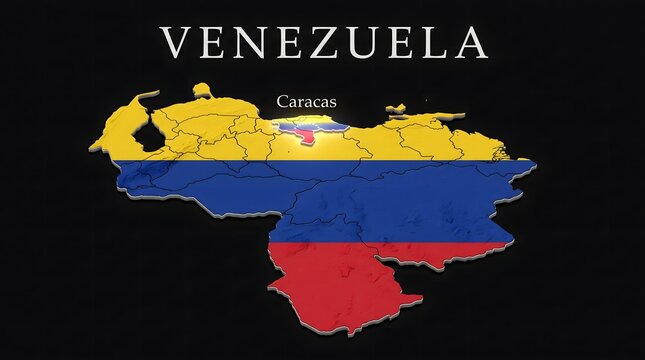 3D Map of Venezuela with Flag Texture and Highlighted Capital City Caracas Isolated on Black Background
