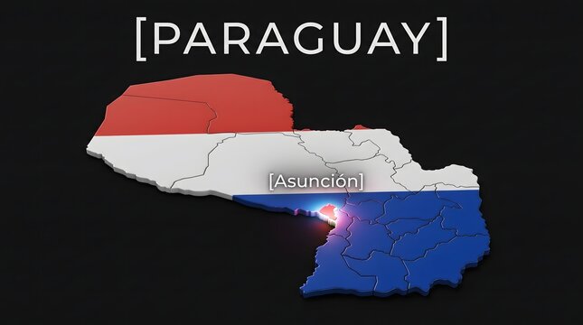 3D Map of Paraguay with Flag Texture and Highlighted Capital City Asunci&oacute;n Isolated on Black Background