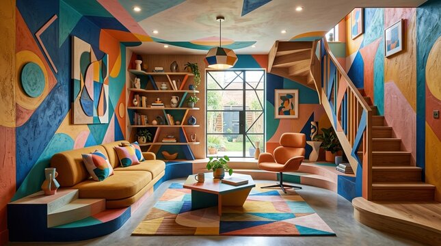 Colorful modern living room interior with bookshelves large windows cozy furniture natural light and creative geometric decor in a stylish home