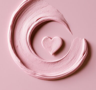 Swirl of pink cream forming a heart shape on a pink surface