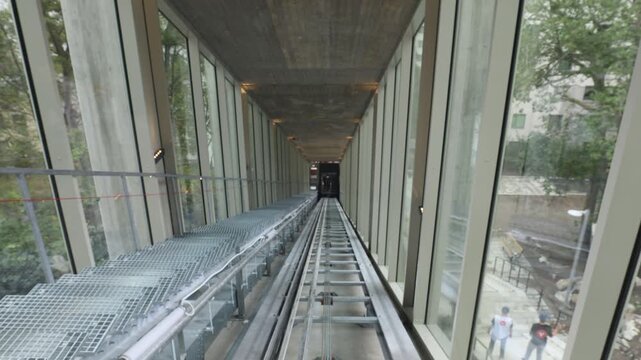 Stockholm, Sweden A newly renovated funicular railway, Bergbanan in Swedish,  or elevator in the Skarholmen district.