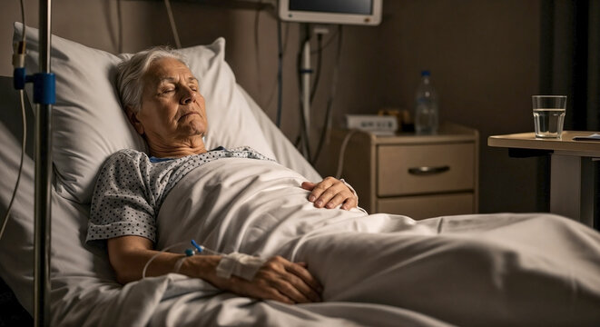 Elderly man resting in hospital bed with IV drip, representing geriatric patient care, senior medical recovery, and serious illness journey in clinical medical setting.