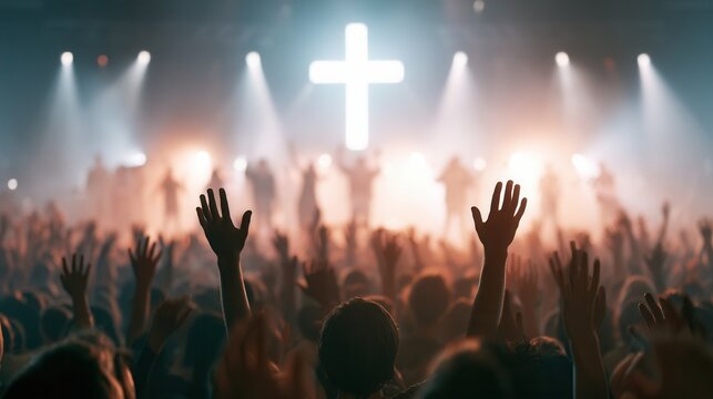 Crowd worships with raised hands at Christian event in a large venue