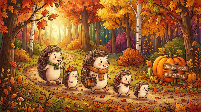 Family of cute hedgehogs walking along a trail in a autumn forest with hedgehog